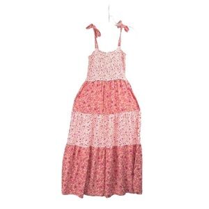 EUC-CITY Triangles Pink Floral, Smocked Bodice, Tiered, Tie Shoulders Maxi Dress